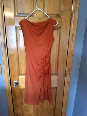 Sleeveless Rust Orange Ruched Side Midi Dress